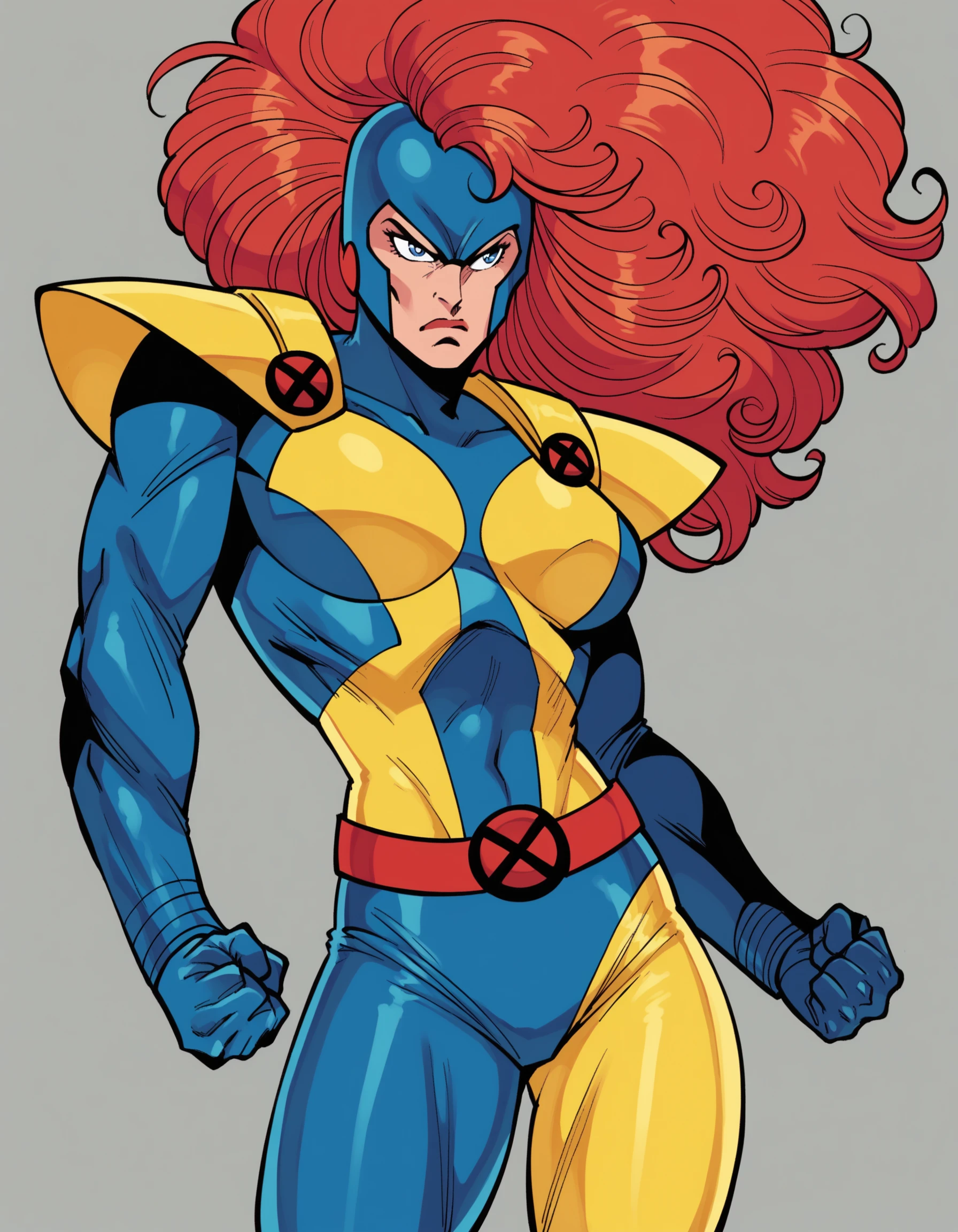 kubertstylepdxl, 1girl, long hair, blue eyes, red hair, clenched hands, armor, retro artstyle, Jean Grey, Marvel Comcis, helmet, multicolored bodysuit, blue bodysuit, yellow bodysuit, bodysuit, big hair, PonyXLV6_Scores , PnyCmicXLPOS, <lora:AndyKubertPDXL:1>