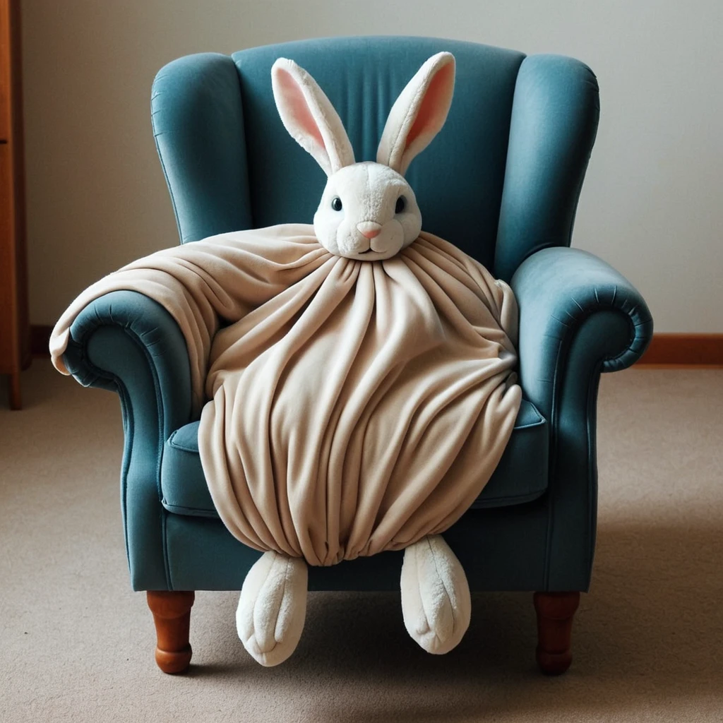 a deflated rabbit draped over a chair<lora:deflated-000006:1>