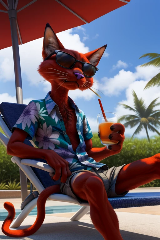 male, solo, katz \(courage the cowardly dog\), anthro, feline, whiskers, red fur, purple nose, long tail, cat tail, striped back, eye bags, full-length portrait, short sleeves, aloha shirt, floral pattern, sunglasses, unbuttoned, shorts, crotch tuft, frown, bored, casual, handsome, masculine, slim, thin legs, sitting, leaning back, casual, fewer digits, 4 fingers, masterpiece, extreme detail, outside, pool, lounge chair, umbrella, shade, lighting, vacation wear, holding beverage, drinking glass, drinking straw, chest tuft, elbow tuft, low-angle view, leaning