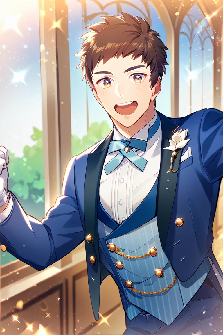 score_9, score_8_up, score_7_up, score_6_up, score_5_up, score_4_up, cute face, year 2023, shingo yabuki, brown hair, blue suit, blue jacket, blue bowtie, white gloves, buttons, white shirt, blue pants, amazing quality, best aesthetic, absurdres<lora:EMS-342688-EMS:1.000000>