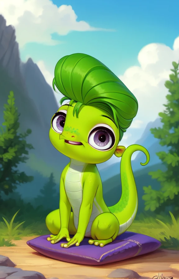 <lora:VinnieTerrioCartoon:0.85> [road, earth, forest, trees, sky, clouds, mountains,]  VinnieTerrioCartoon, Gecko,  green gecko,   purple-gray eyes,
solo,  looking at viewer, to his full height,  (beautiful, aesthetic, perfect, delicate, intricate, masterpiece, )   chibi,  ((scales,)) (all fours, cowgirl position,)
by ulitochka, by taran fiddler, by Silverfox5213, by personalami,