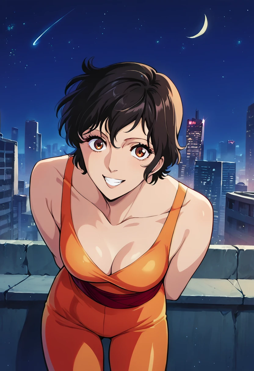 score_9, score_8_up, score_7_up, score_6_up, score_5_up, score_4_up, source_anime, rating_safe, official_art,
BREAK
front view, cityscape, night, moon, stars, rooftop, looking at viewer, smile, standing, hands behind back, leaning forward, 1girl, fa1_k1s, orange_catsuit_red_belt