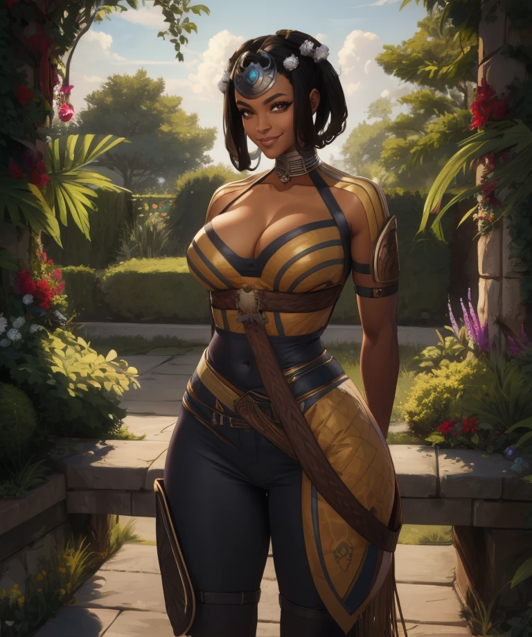 tanya,black hair,hair rings,brown eyes,
jewelry,hair ornament,looking at viewer, arms behind back, hips,
midriff,cleavage,light smile, from below,
royal garden,
(insanely detailed,masterpiece, best quality),<lora:TanyaMK1:0.8>,