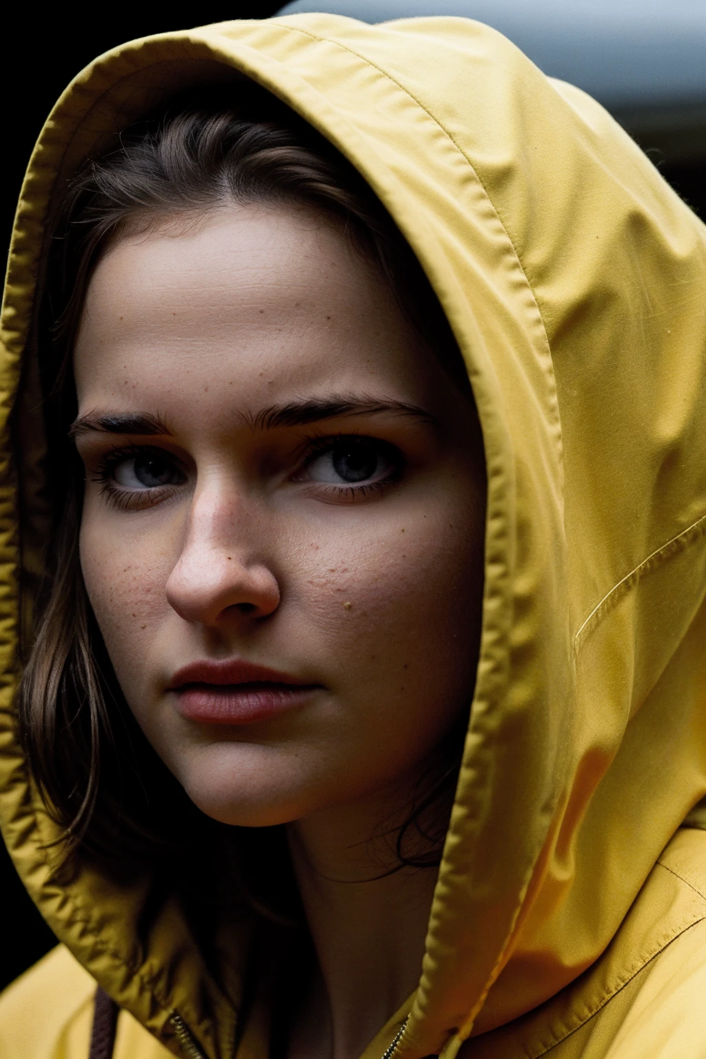 <lora:l1sav1car1_ot_v1:0.9>,cinematic photo of a scared l1sav1car1 woman, wearing a yellow rain jacket,looking at viewer, thriller,in a bunker,dramatic light,4k, trending on Netflix PA7_Portrait-MCU, PA7_Enhancer-01