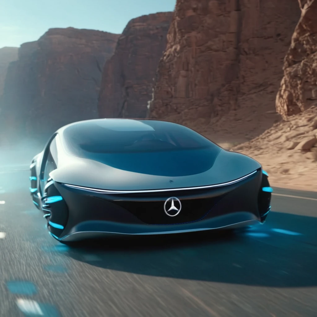 UHD, 4k, ultra detailed, cinematic, a photograph of  <lora:Mercedes AVTR:0.9>
Mercedes AVTR a futuristic car front view driving on a desert road,Inspired by the future,Mercedes-Benz,VISION AVTR,outdoors,no humans,shadow,ground vehicle,motor vehicle,car,vehicle focus , detailed background, futuristic car, epic, beautiful lighting, inpsiring