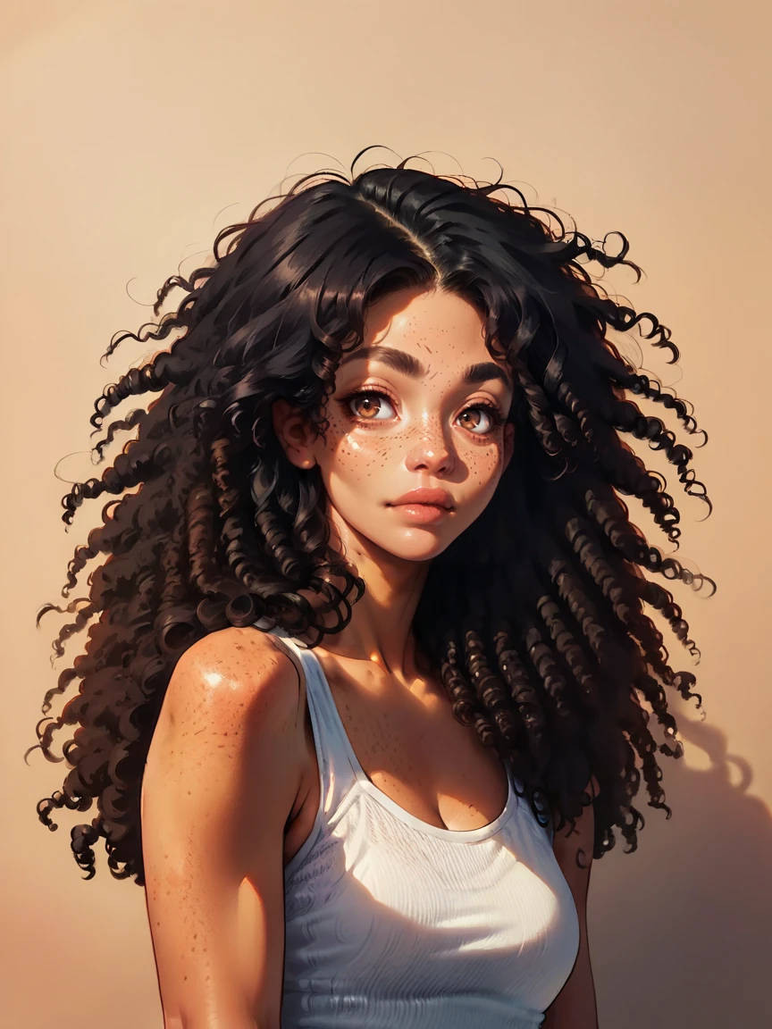 score_9, score_8_up, score_7_up, score_6_up, score_5_up, score_4_up, <lora:m1xd0llXLP2:0.7> curly hair, 1girl, m1xd0ll, black hair, long hair, tan skin, freckles, brown eyes, portrait