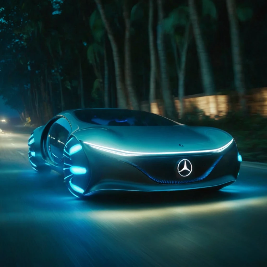 cinematic film still of  <lora:Mercedes AVTR:0.8>
 <lora:Unreal Engine style:0.5>
Mercedes AVTR a car with its lights on driving down a road at night with head  lights on,Inspired by the future,Mercedes-Benz,VISION AVTR,no humans,space , detailed background, futuristic car, shallow depth of field, vignette, highly detailed, high budget, bokeh, cinemascope, moody, epic, gorgeous, film grain, grainy