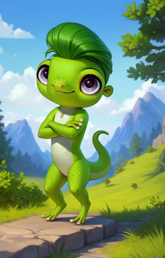 <lora:VinnieTerrioCartoon:0.85> [road, earth, forest, trees, sky, clouds, mountains,]  VinnieTerrioCartoon, Gecko,  green gecko,   purple-gray eyes,
solo,  looking at viewer, to his full height,  (beautiful, aesthetic, perfect, delicate, intricate, masterpiece, )   chibi,  ((scales,)) (fighting stance)
by ulitochka, by taran fiddler, by Silverfox5213, by personalami,