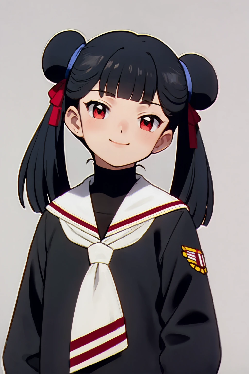 masterpiece, best quality,
1girl, meilingli, black hair, blunt bangs, double bun, twintails, red eyes,
black shirt, long sleeves, neckerchief,  sailor collar, school uniform,
smile,  upper body, solo, looking at viewer, simple background   <lora:MeilingLi:1>