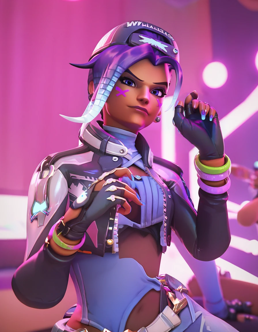 score_9, score_8_up, score_7_up, hi-res, 8k, 2.5d, solo focus, Sombrakpop , Sombra (overwatch) , in a concert stage, black gloves, good hands <lora:Sombrakpop-30:.9>