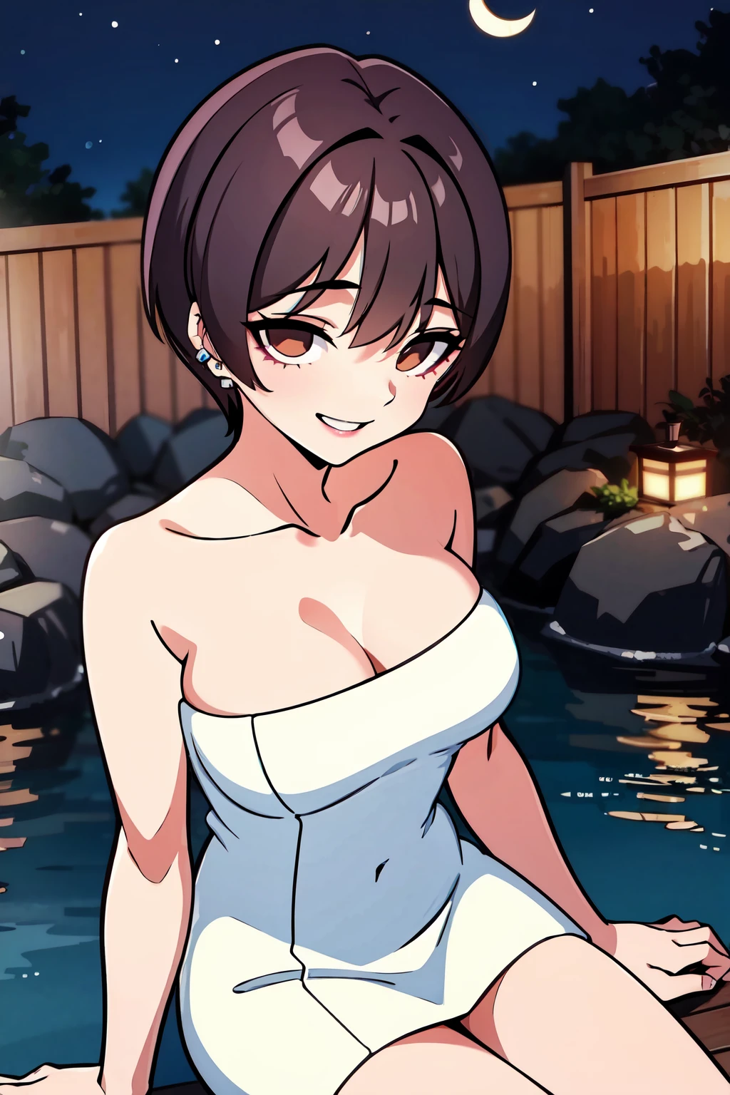 <lora:Ha-Rin-08:0.8>, EBHa-Rin, 1girl, solo, looking at viewer, smile, short hair, medium breasts, brown hair, brown eyes, jewelry, earrings, piercing, ear piercing, empty eyes, stud earrings, thighs, naked towel, onsen, night, night sky, outdoors, water, wet, looking at viewer, sitting, towel