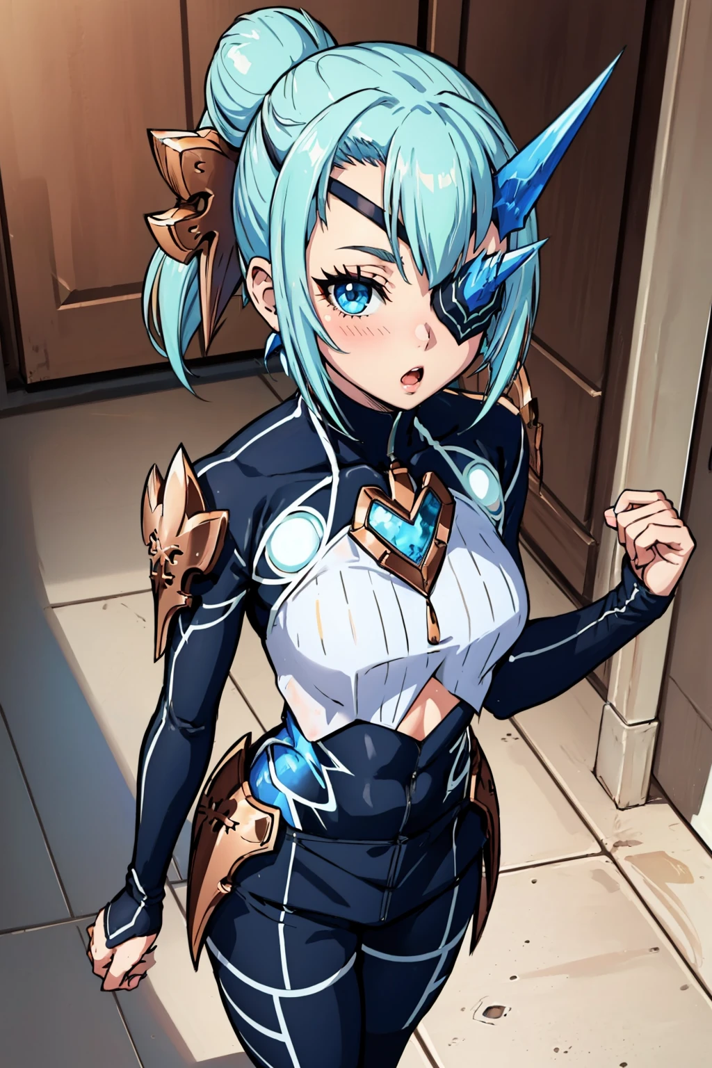 masterpiece, best quality, 1girl,  <lora:xctheory-nvwls-v1-000009:0.9> xcTheory, single hair bun, horns, hair ornament, eyepatch, bodysuit, armor, black pants, :o, from above, hallway, blush, looking at viewer,