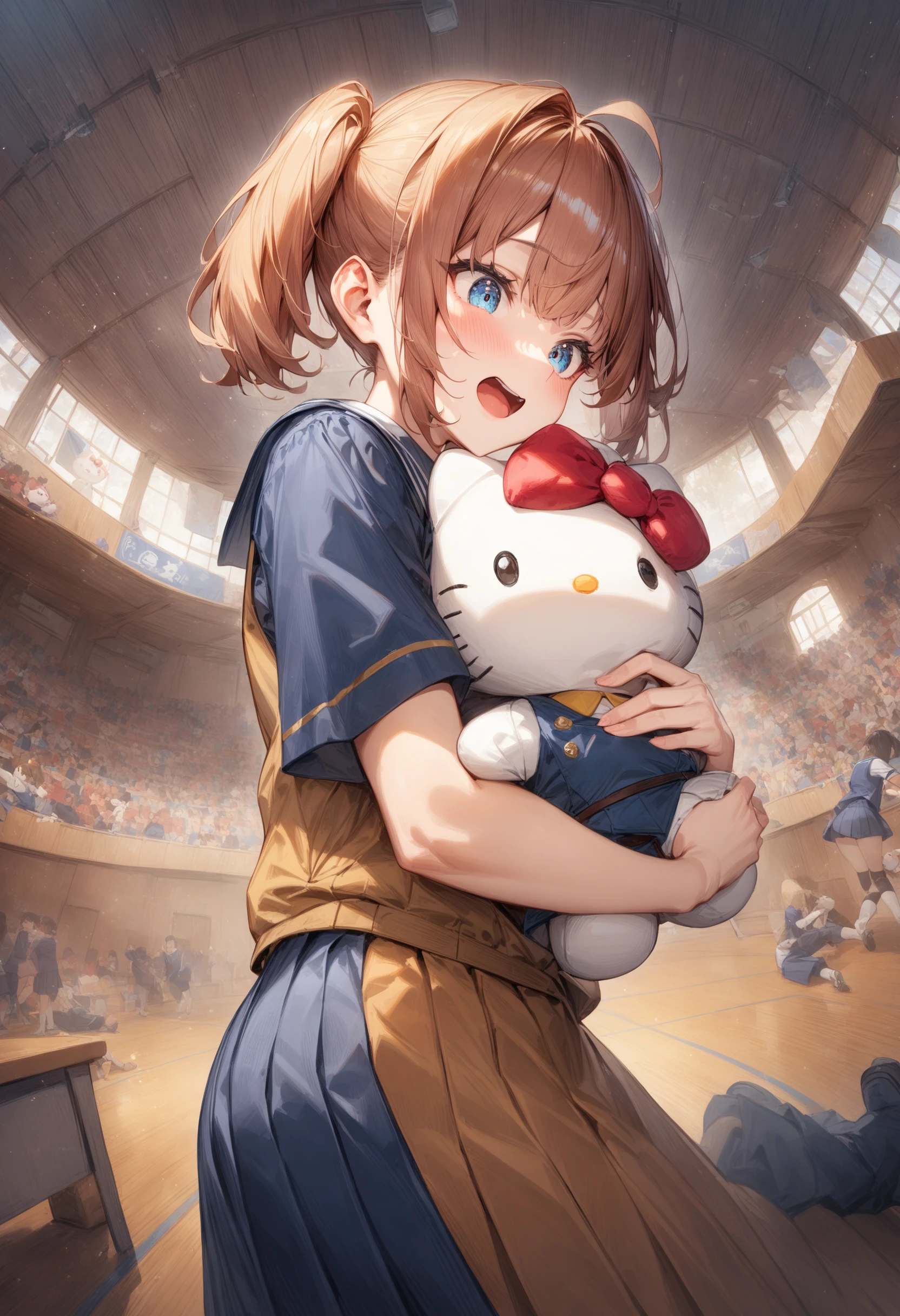 1girl, <lora:sdxl2-flat2-512b:-1>,medium breasts,school uniform,
hello kitty, stuffed toy, holding,holding stuffed toy,<lora:hellokitty_XL_v1:0.7>
from side, fisheye lens, looking down, contemptuous, gymnasium, open mouth,
masterpiece, best quality, very aesthetic, absurdres