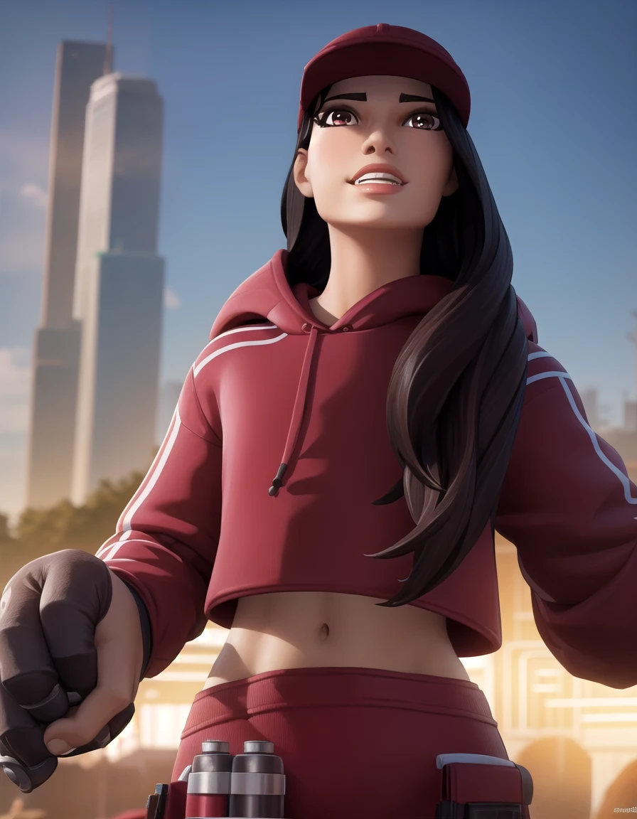 fortniteruby, <lora:fortnite ruby-lora-nochekaiser:1>,
ruby, long hair, black hair, (brown eyes:1.5), lips,
BREAK gloves, hat, shoes, black gloves, midriff, pants, hood, fingerless gloves, hoodie, baseball cap, red headwear, red hoodie,
BREAK outdoors, cityscape,
BREAK looking at viewer, (cowboy shot:1.5), smile,
BREAK <lyco:GoodHands-beta2:1>, (masterpiece:1.2), best quality, high resolution, unity 8k wallpaper, (illustration:0.8), (beautiful detailed eyes:1.6), extremely detailed face, perfect lighting, extremely detailed CG, (perfect hands, perfect anatomy),