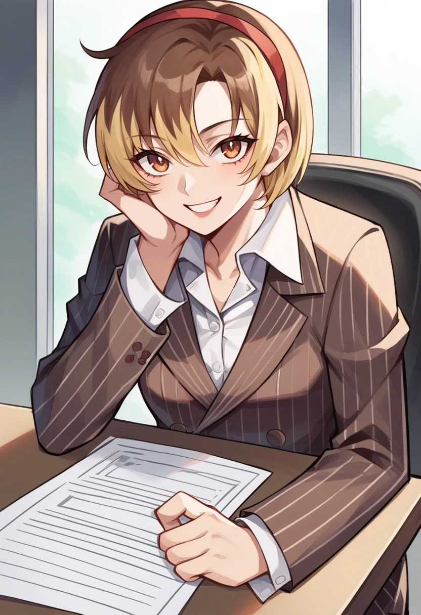 score_9, score_8_up, score_7_up, source_anime BREAK 1girl, solo,  <lora:zs_ReihoXL:1> reids, multicolored hair, brown hair, blonde tips, pinstripe suit, brown suit, pinstripe pants, white shirt, office, sitting on chair, looking at viewer, smile