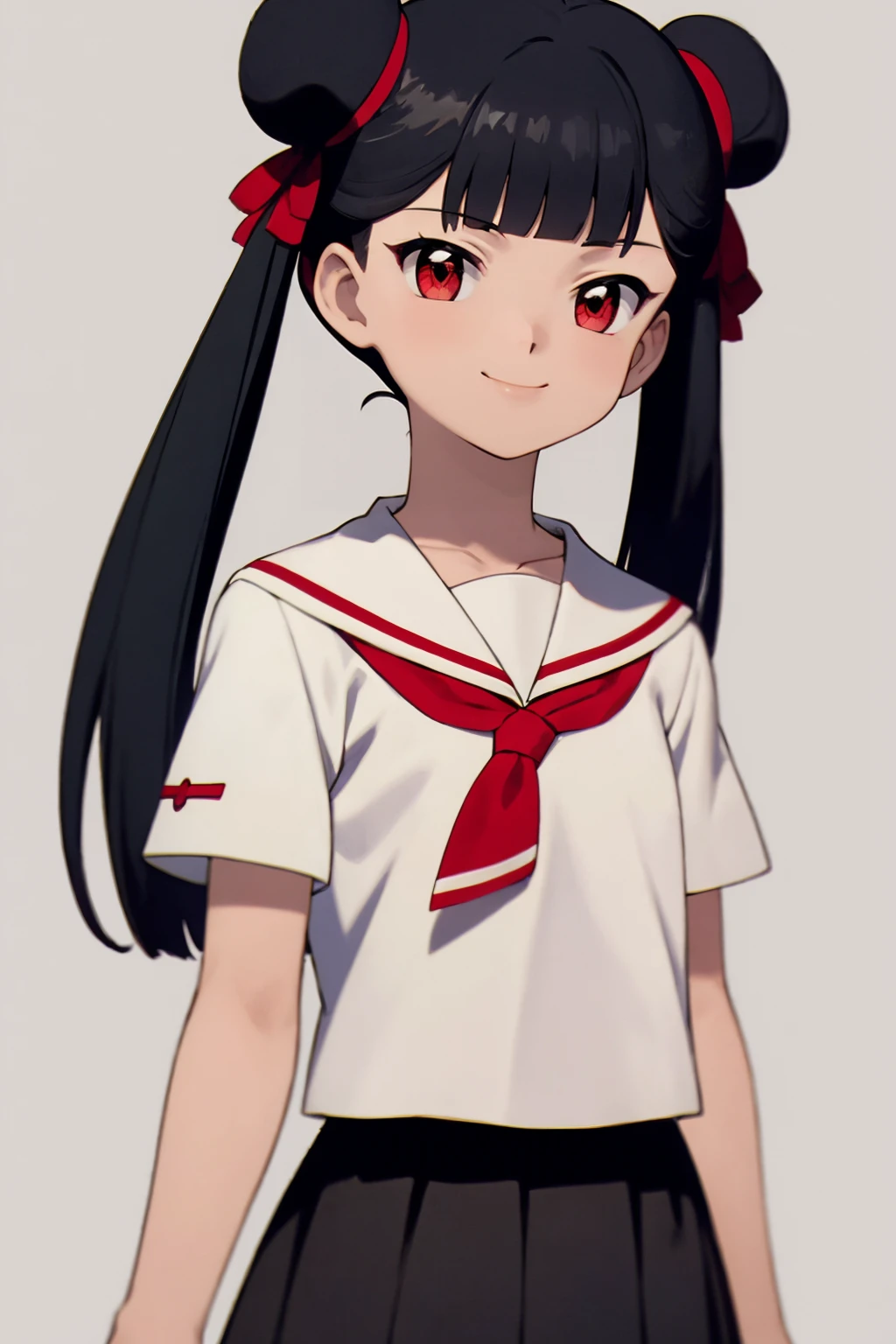 masterpiece, best quality,
1girl, meilingli, black hair, blunt bangs, double bun, twintails, red eyes,
white shirt, short sleeves, red neckerchief, black skirt, collarbone,
smile,  upper body, solo, looking at viewer, simple background     <lora:MeilingLi:1>