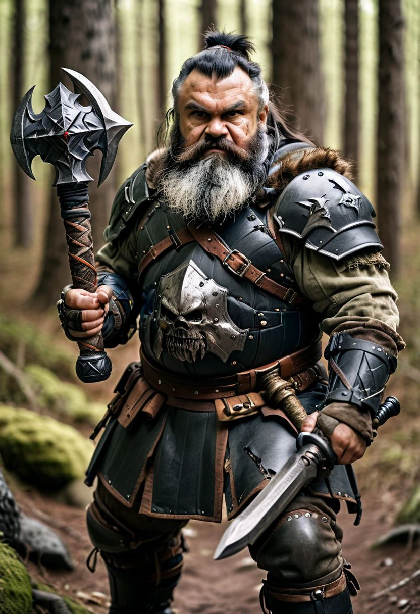 1man, solo, elderly portly Siberian mountain dwarf, extremely muscular, black hair and beard, ((rogue)) assassin, (holding mace), (sleek leather armor), in a darkened forest, 4k stock photo, 35mm photograph