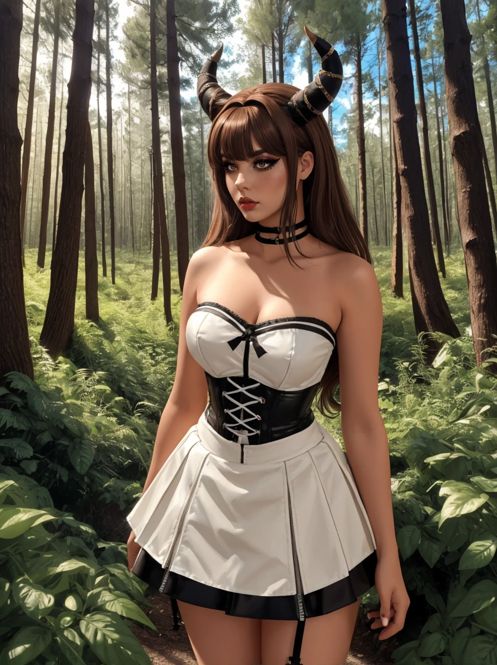 full body, highres, 8k, eyeliner, eyeshadow, makeup, dr3ss, white bustier, zippers, (cross-laced skirt), strapless,  <lora:Outfit_soph-BodyconLacedCorsetSkirt:0.5>,hud_hrnd_wg, long brown wig, horns, <lora:hornedwig-000014:0.6>, The Forest of Mirrors: A place where reality is distorted and nothing is as it seems