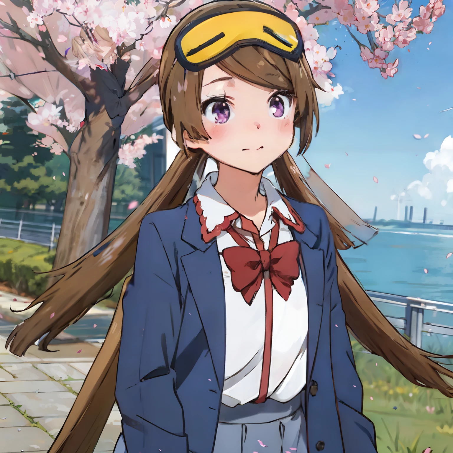 ((ultra-detailed)), ((best quality)), ((best quality)), blue jacket, red bowtie, collared shirt, grey skirt, cherry blossoms, fluttering petals, wind,Minagawa_Rau, long hair, bangs, blush, brown hair, twintails, purple eyes, very long hair, goggles,bow, twintails,looking at the viewer