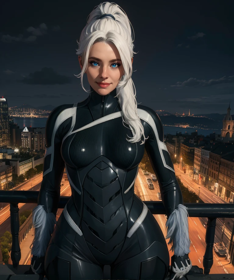 felicia,white hair,ponytail,blue eyes,
black bodysuit,light smile,looking at viewer,hips,
night,cityscape,
(insanely detailed, masterpiece, best quality),<lora:blackcat:0.8>,