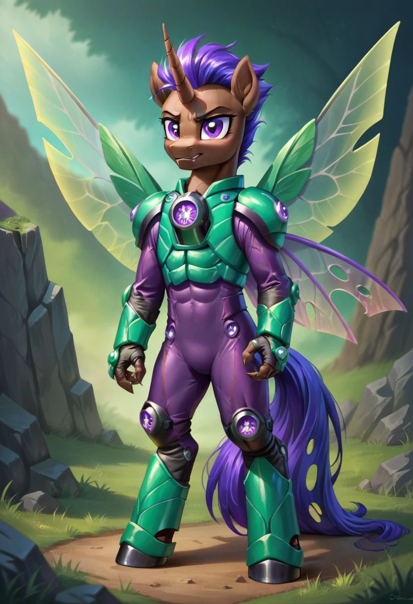 score_9, score_8, score_7, (source_pony, changeling, alicorn), 
gmrider, green armor, purple bodysuit