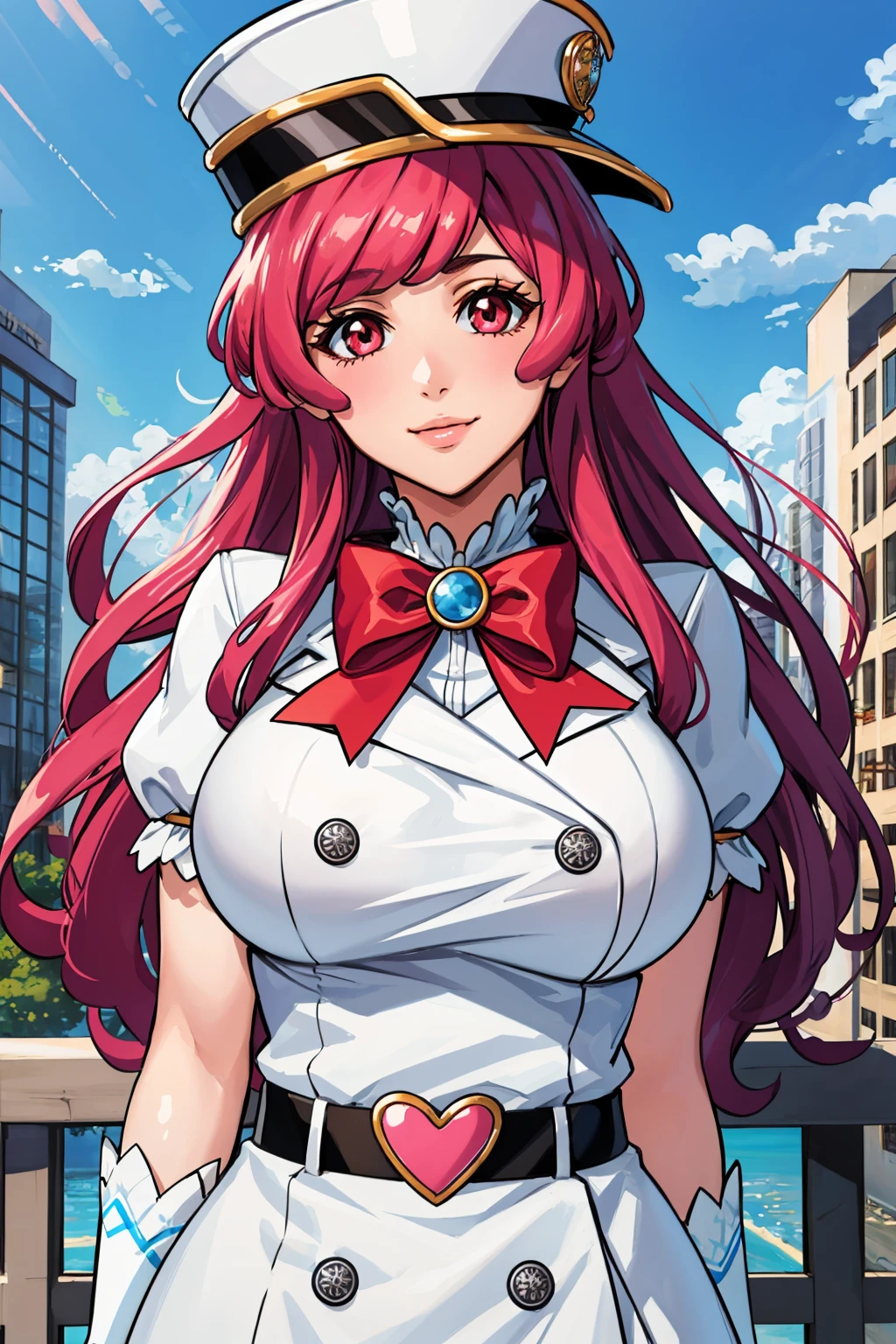 masterpiece, best quality, 1girl, <lora:s-nvwls-v1-000009:0.9> meninate hat, red bow, white dress, short sleeves, puffy sleeves, belt, white thighhighs, white gloves, large breasts, upper body, looking at viewer, smile, closed mouth, blue sky, city