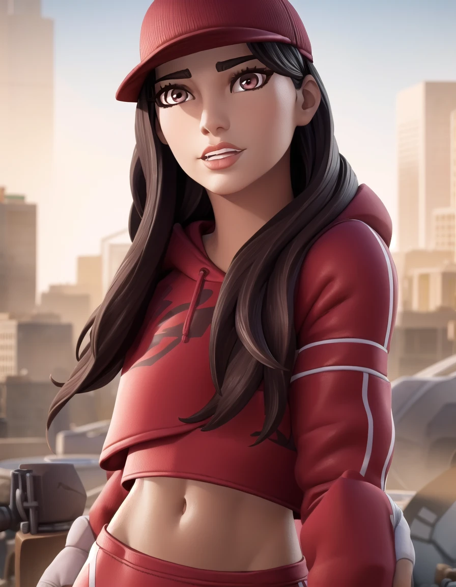 fortniteruby, <lora:fortnite ruby-lora-nochekaiser:1>,
ruby, long hair, black hair, (brown eyes:1.5), lips,
BREAK gloves, hat, shoes, black gloves, midriff, pants, hood, fingerless gloves, hoodie, baseball cap, red headwear, red hoodie,
BREAK outdoors, cityscape,
BREAK (cowboy shot:1.5),
BREAK <lyco:GoodHands-beta2:1>, (masterpiece:1.2), best quality, high resolution, unity 8k wallpaper, (illustration:0.8), (beautiful detailed eyes:1.6), extremely detailed face, perfect lighting, extremely detailed CG, (perfect hands, perfect anatomy),