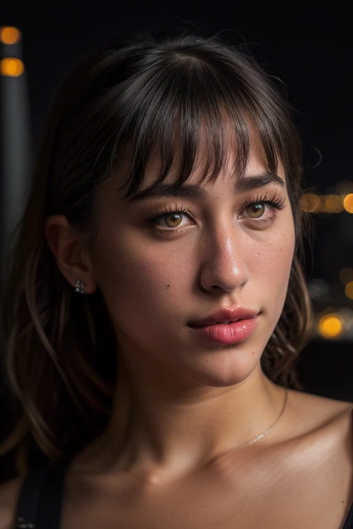 (selfie shot, from above: 1.4), (half-body portrait: 1.4), 24-year-old blrunette (green-eyed woman) walking in a bar RAW uhd portrait photo, natural breast_b, city background at night, (yellow sundress), (crack), detailed (texture!, hair!, shine, color!!, flaws: 1.1), highly detailed glowing eyes, (looking at camera), specular light, dslr, extreme quality, sharp focus, sharp, dof, Film grain, (centered), Fujifilm XT3, crystal clear, center of frame, cute face, sharp focus, street lamp, neon lights, bokeh, (dark light), low key, night, (night sky ) detailed skin pores, oil Dark skin, brown, complex eye details