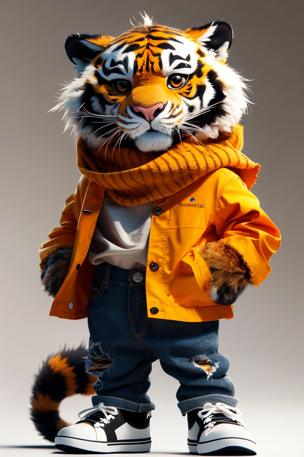 masterpiece,best quality,solo,looking at viewer,simple background,white background,long sleeves,standing,full body,tail,open clothes,shoes,pants,grey background,no humans,grey footwear,orange jacket,grey scarf,tiger