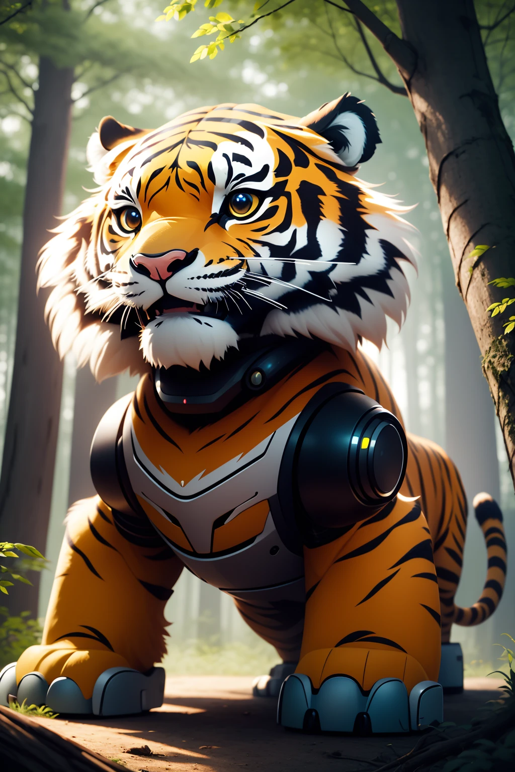 robotzoo, tiger mecha, cute,  standing, glowing, looking at viewer, solo, full body <lora:ç»å¨æºç²å¨ç©å­robotzoo_v1.0:0.7>,forest,tree