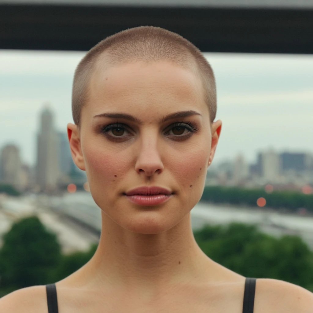 natxportman,Buzzcut, no hair, bald, (Skin Texture, pores, natural,iPhone,RAW)), natural lighting, Highest Quality closeup Portrait photo of a woman wearing no makeup with a ((buzzcut)), Nikon Z9, realistic matte skin, blurry city in the background, 8K, <lora:natportman_smaller_xl_1_standard_wo_cap-merger_8_40_035_065-natxportman:1.1>,