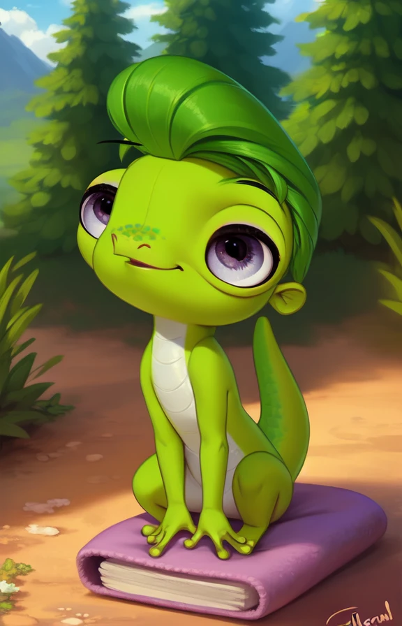 <lora:VinnieTerrioCartoon:0.85> [road, earth, forest, trees, sky, clouds, mountains,]  VinnieTerrioCartoon, Gecko,  green gecko,   purple-gray eyes,
solo,  looking at viewer, to his full height,  (beautiful, aesthetic, perfect, delicate, intricate, masterpiece, )   chibi,  ((scales,)) (all fours, cowgirl position,)
by ulitochka, by taran fiddler, by Silverfox5213, by personalami,