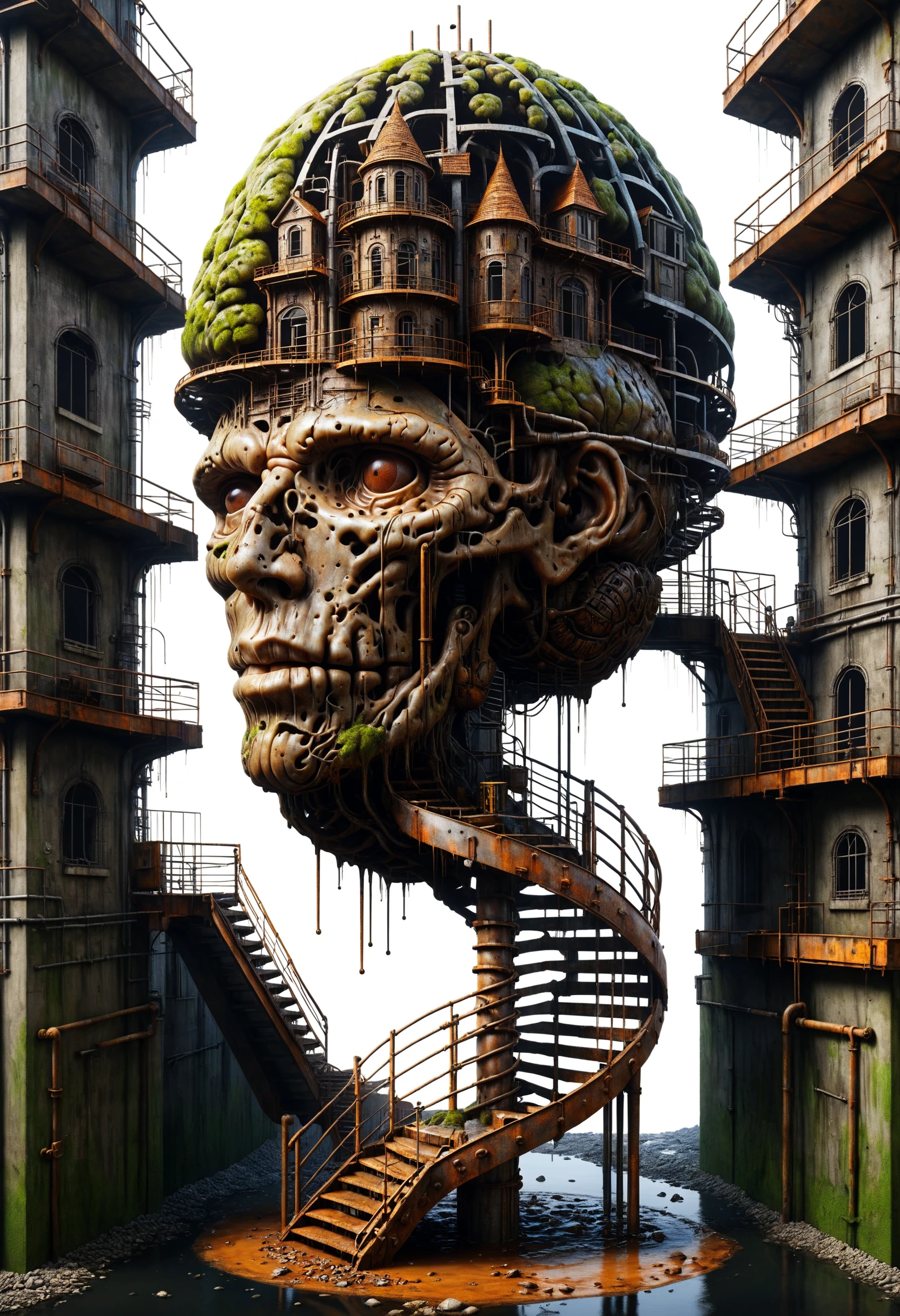 surreal art of an dark underground sculpture of a rusty man brain shaped like a building under construction, metallic scaffolding, oozing creativity in the form of dark slime in the style of rafal olbinski, spiral stairs to the brain
<lora:dvr-swr:0.8> dvr-swr