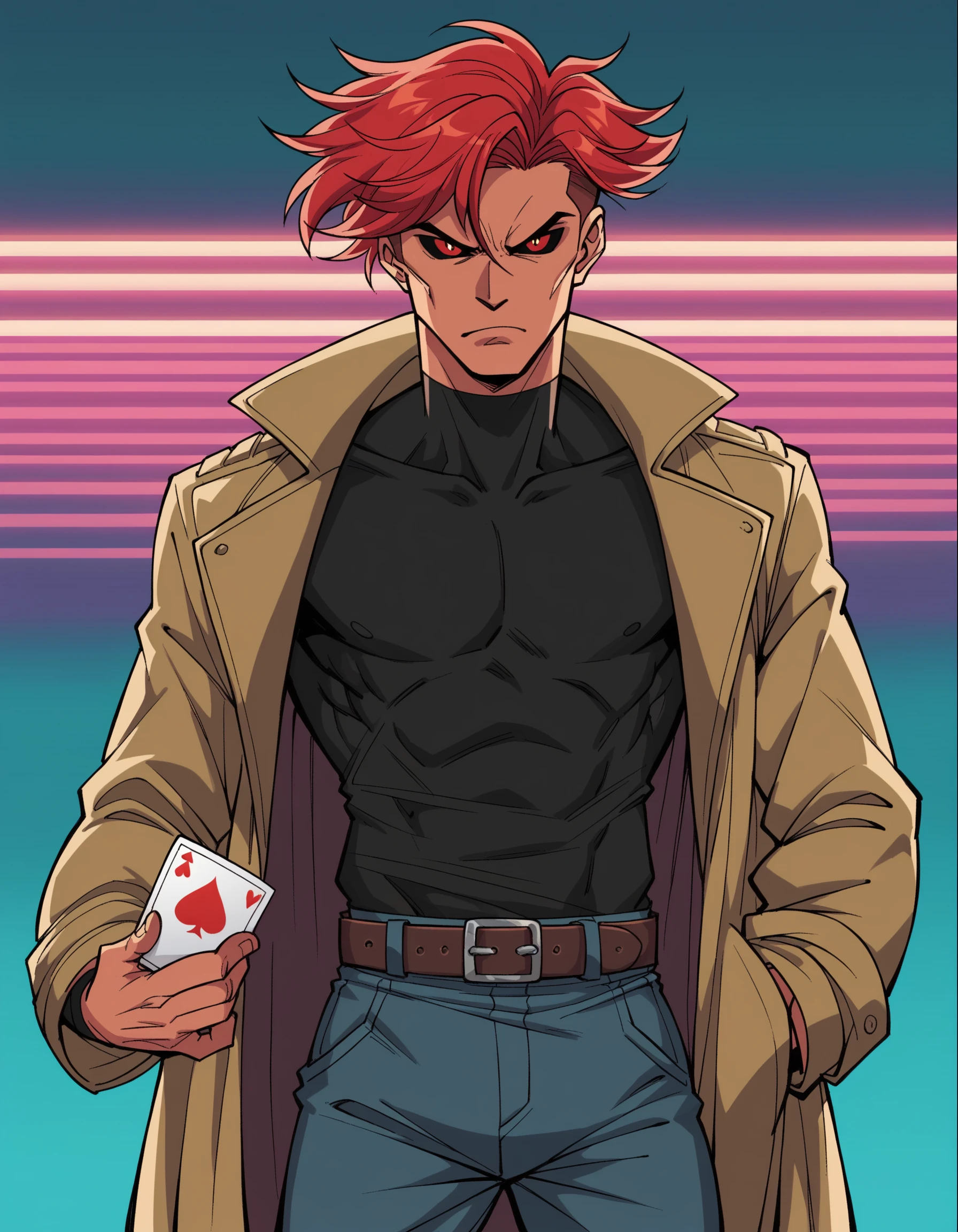 kubertstylepdxl, 1boy, male focus, solo, jacket, trenchcoat, black shirt, leather pants, red hair, belt, colored sclera, black sclera, red iris, holding card, Remy Lebeau, Gambit, outdoors, neon lighting, PonyXLV6_Scores , PnyCmicXLPOS, DskOtrn_PnyXL, <lora:AndyKubertPDXL:0.8>