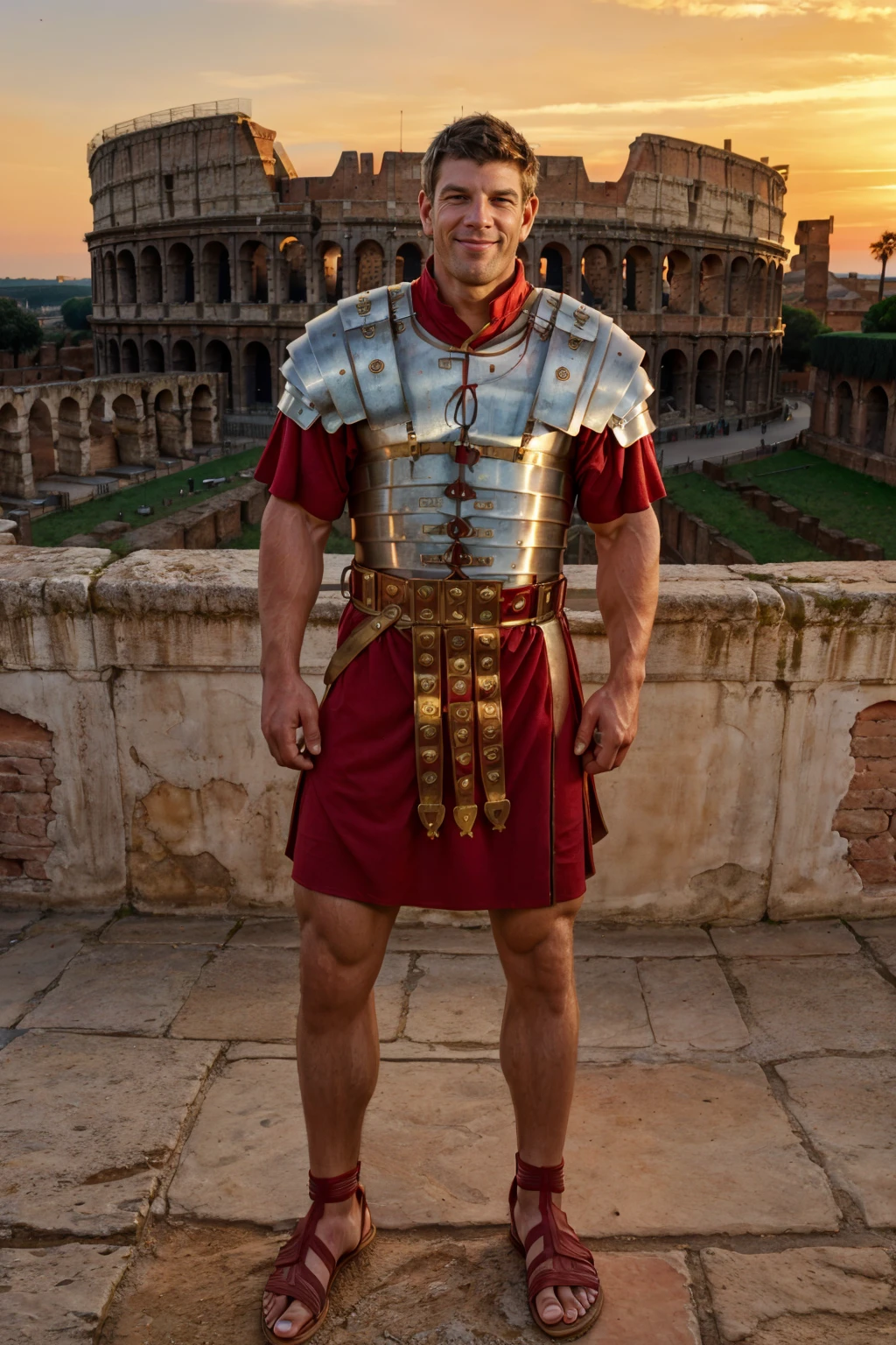 golden hour, roman city with Colosseum in the background, smiling, ZebAtlas  is wearing loriseg armor, (red tunic), (red shirt), (sandals), slight smile, (((full body portrait))), full body, wide angle, (facing viewer) <lora:loriseg:0.7>  <lora:ZebAtlas:0.8>