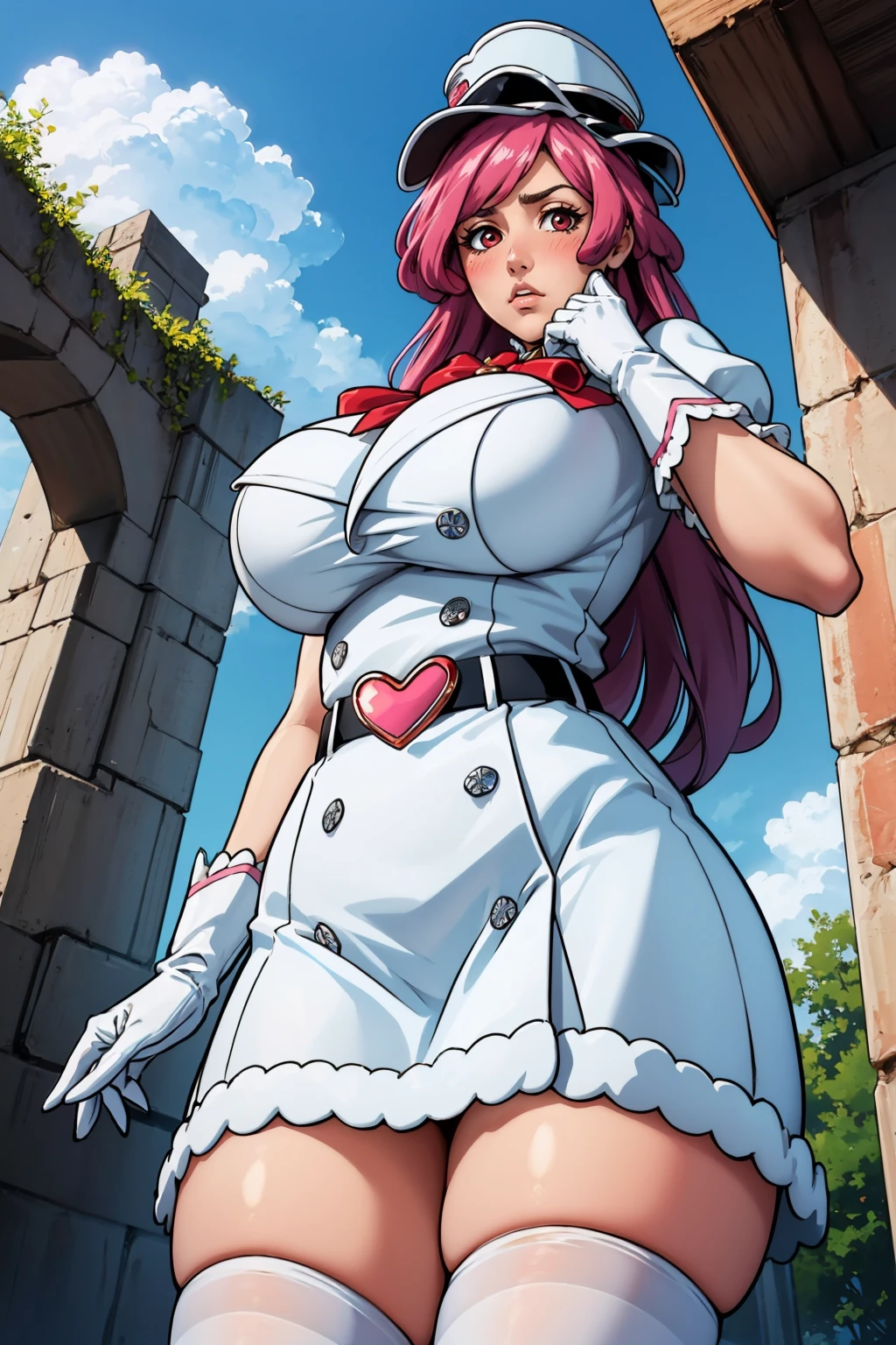 masterpiece, best quality, 1girl, <lora:meninas-nvwls-v1-000009:0.9> meninas, white hat, red bow, white dress, short sleeves, puffy sleeves, belt, white thighhighs, white gloves, huge breasts, blush, frown, shocked, from below, cowboy shot, blue sky, looking at viewer