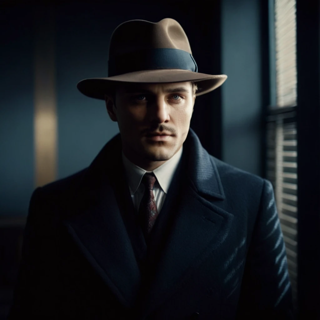 cinematic film still of <lora:casting shadow style:1>
<lora:Chiaroscuro Lighting Style:1>
<lora:eyetune:1>
A cucoloris patterned illumination casting a shadow on a 1930's mafia gangster man in a hat and coat holding a gun,solo,1boy,hat,holding,weapon,male focus,necktie,holding weapon,gun,facial hair,formal,suit,holding gun,handgun,realistic,revolver,fedora,cinematic,film,filmic,casting shadow,venetian blinds casting shadow light,shadow on face,face partially covered in shadow,different shadow,window casting shadow light,cinematography,detailed,detailed background,detailed face,high quality,8k,cuculoris,kookaloris,cookaloris or cucalorus,light modifier,different light pattern,creative light,unique shadow , casting shadow style, shallow depth of field, vignette, highly detailed, high budget, bokeh, cinemascope, moody, epic, gorgeous, film grain, grainy