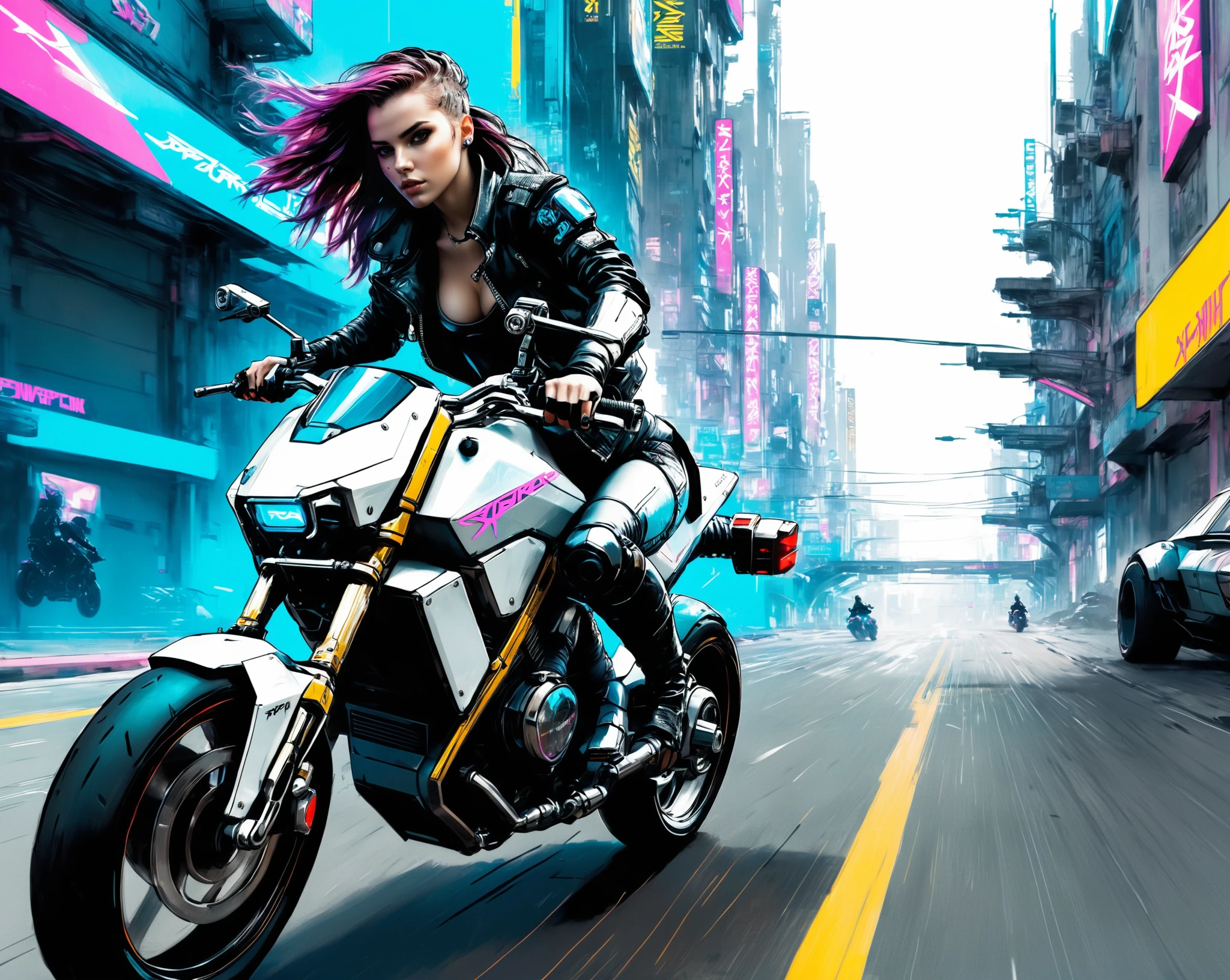 photograph sketch of a beautiful cyberpunk girl riding a motorcycle  in a Cyberpunk 2077 city <lora:Halcyon Cyberpunk Style:0.7>, white background