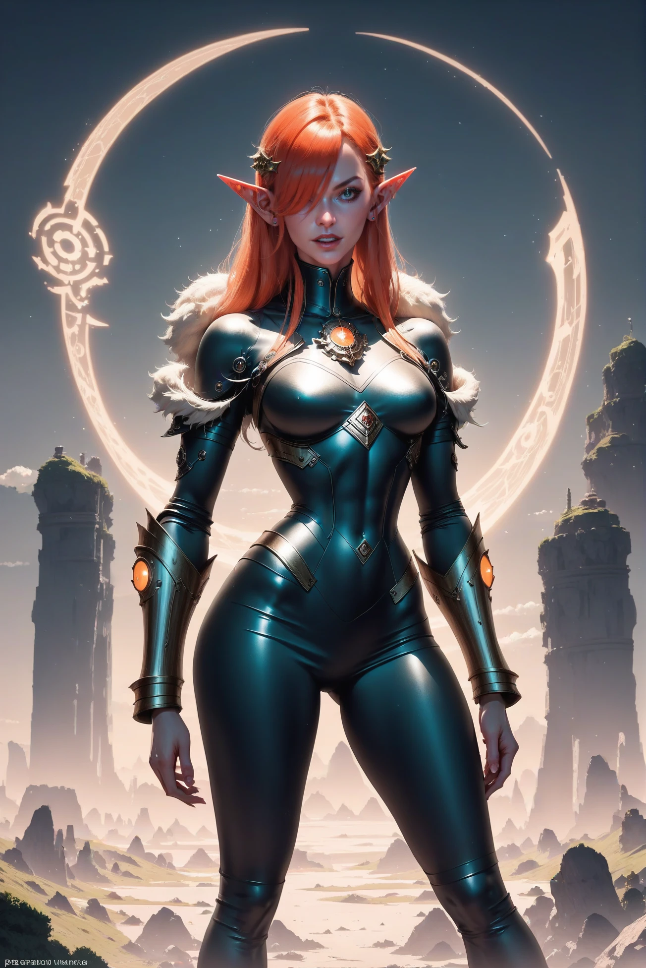 2.5 Cgi, Ultra detailled, UHD, Highres, 8K, Chef d'oeuvre, Grimdark, Warhammer 40K, full body capture, ultrarealist, Howling banshee, midriff, green eyes, pearky boobs, pointy ears, by artgerm, guy denning, jakub rozalski, magali villeneuve and charlie bowater