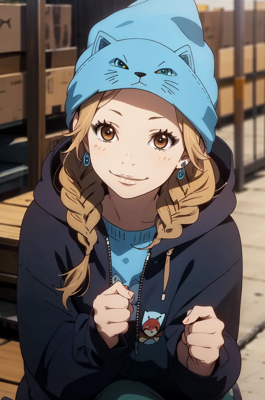 Azusa_Murasaka, eyelashes, jewelry, earrings, hat, braid, hood, twin braids, animal hat, blue cat hat, jacket with hood, blue headwear, beanie, T-shirt, looking at viewer, smile,
