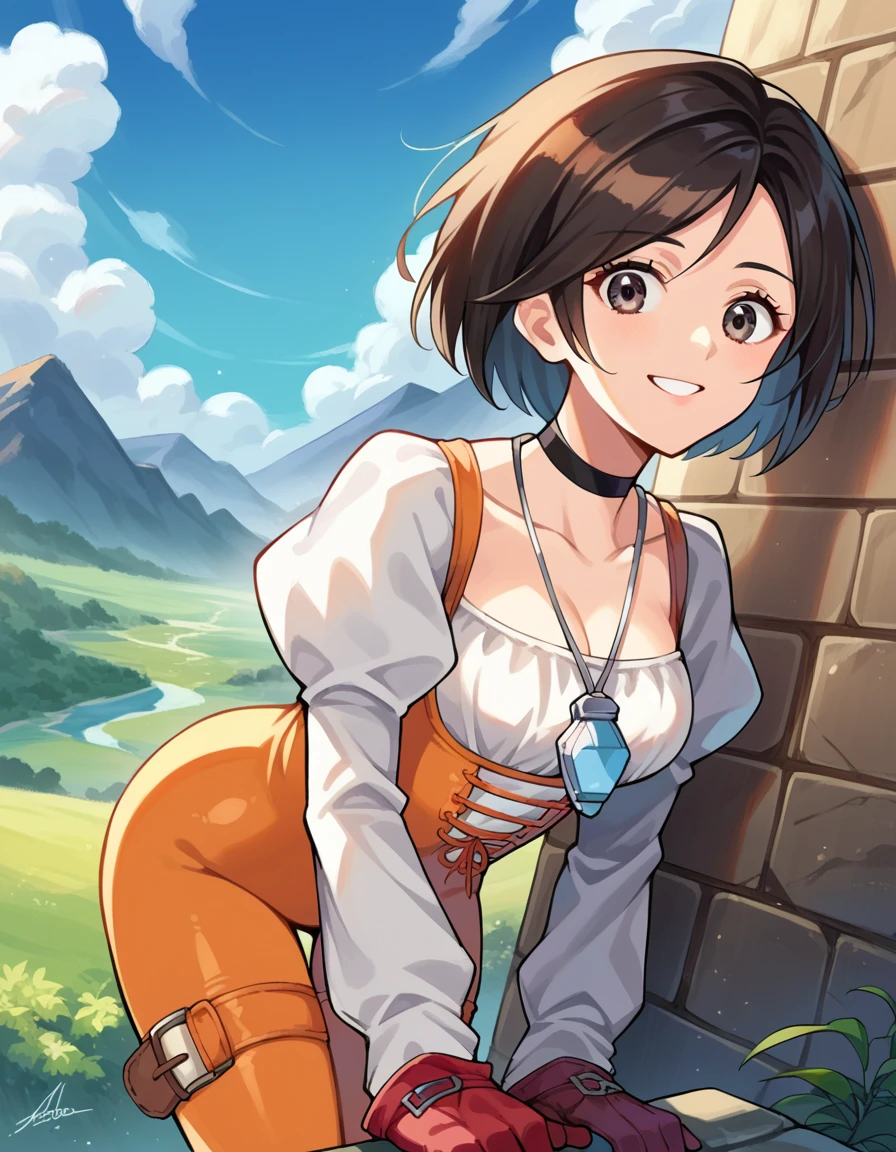 score_9, score_8_up, score_7_up, source_anime,
garnet, <lora:garnet-til-alexandros-xvii-ponyxl-lora-nochekaiser:1>,
garnet, grey eyes, short hair, swept bangs, black hair,
bodysuit, choker, gloves, jewelry, juliet sleeves, long sleeves, necklace, orange bodysuit, pendant, puffy sleeves, red gloves,
outdoors, landscape, bent over, smile,
looking at viewer, dutch angle, cowboy shot,