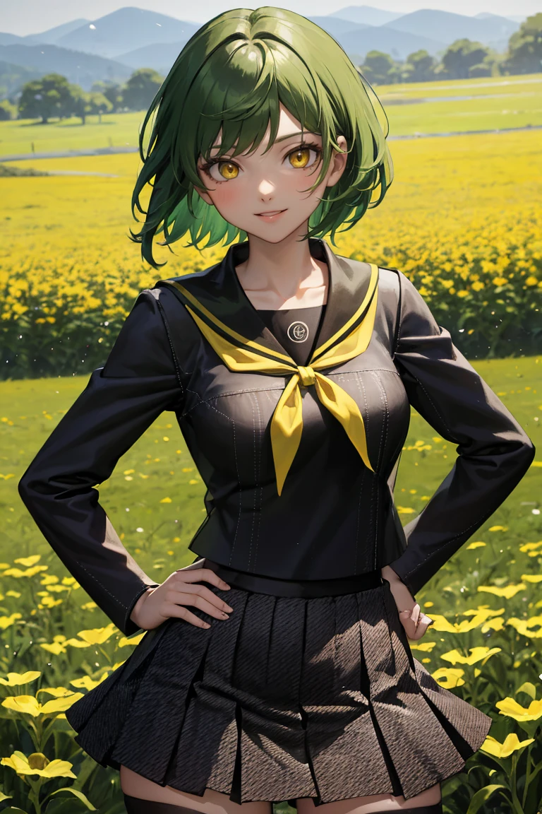 masterpiece, best quality, absurdres, 1girl, solo, green hair, yellow eyes, medium hair, YasogamiFemaleWinter, black shirt, long sleeves, black sailor collar, yellow neckerchief, grey skirt, black thighhighs, outdoors, flower field, smile, hands on hips, <lora:CONCEPT-YasogamiSchoolUniform:1>