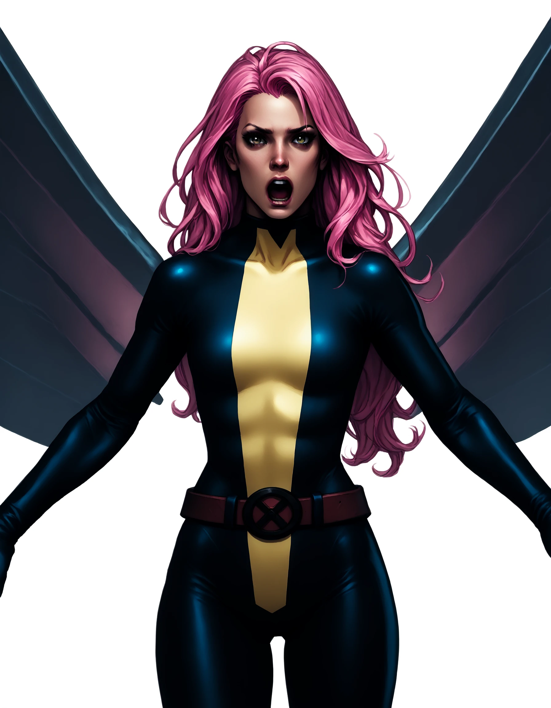 xmblzxl, 1girl, pink hair, solo, bodysuit, wings, breasts, white background, open mouth, long hair, belt, belt, two tone bodysuit, yellow bodysuit, blue bodysuit, PnyCmicXLPOS, <lora:XmenBluPnyXL:0.85>