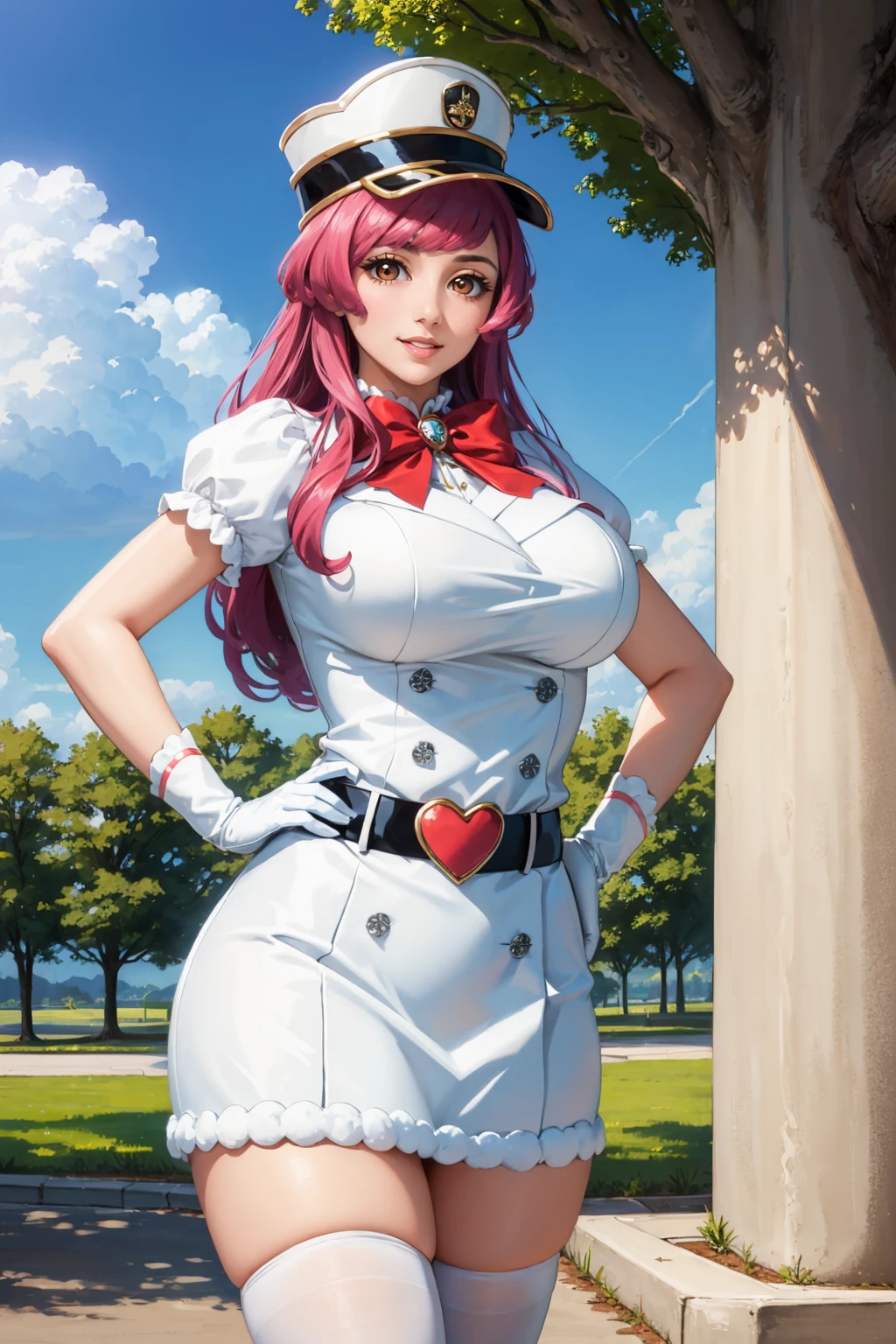 masterpiece, best quality, 1girl, <lora:meninas-nvwls-v1-000009:0.9> meninas, white hat, red bow, white dress, short sleeves, puffy sleeves, belt, white thighhighs, white gloves, large breasts, furrowed brow, smile, looking at viewer, hands on hips, blue sky, tree, park