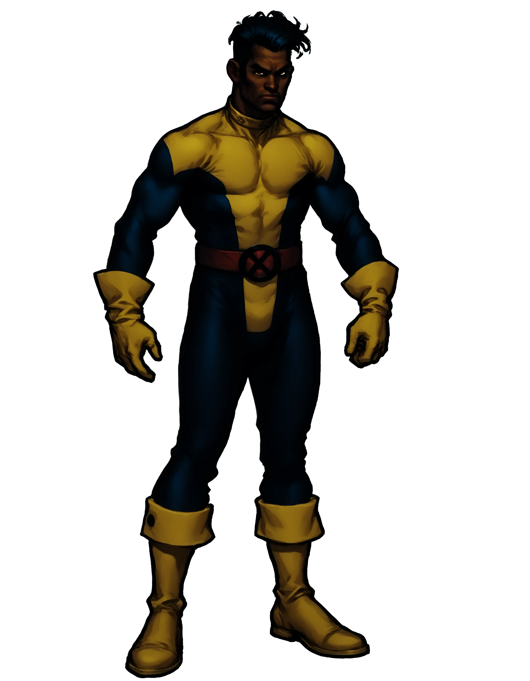 xmblzxl, 1boy, solo, male focus, yellow footwear, boots, gloves, yellow gloves, dark skin, white background, dark-skinned male, belt, two tone bodysuit, yellow bodysuit, blue bodysuit, PnyCmicXLPOS, <lora:XmenBluPnyXL:1>
