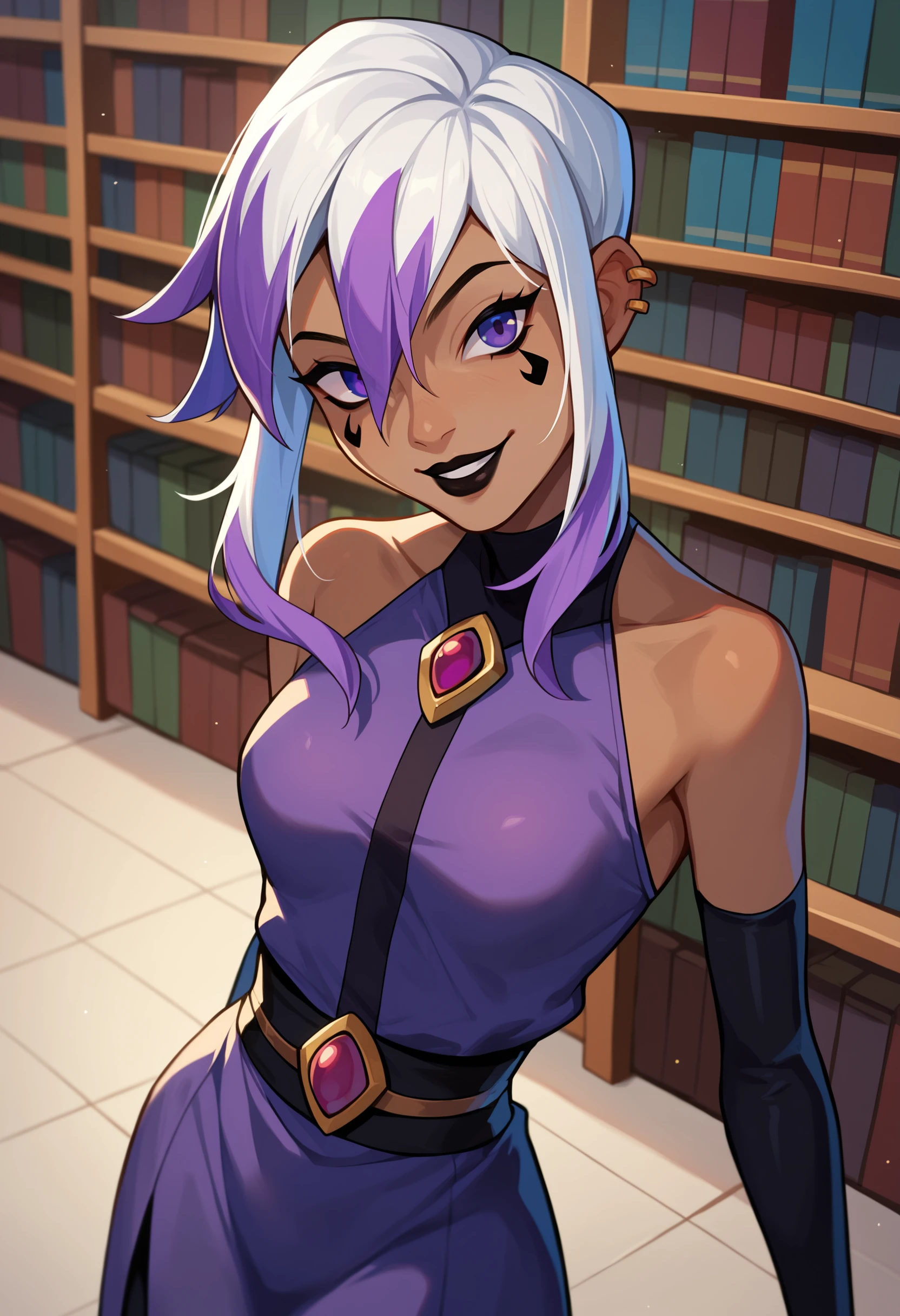 score_9, score_8_up, score_7_up, score_6_up, score_5_up, score_4_up,
1girl, solo, Charmcaster, multicolored hair, purple eyes, white hair, two-tone hair, purple hair, dark skin, dark-skinned female, facial mark, black lips, looking at viewer, library, smile, standing, purple dress, elbow gloves, sleeveless, waist-sash, black tights, boots,
<lora:Charmcaster_XL:1>