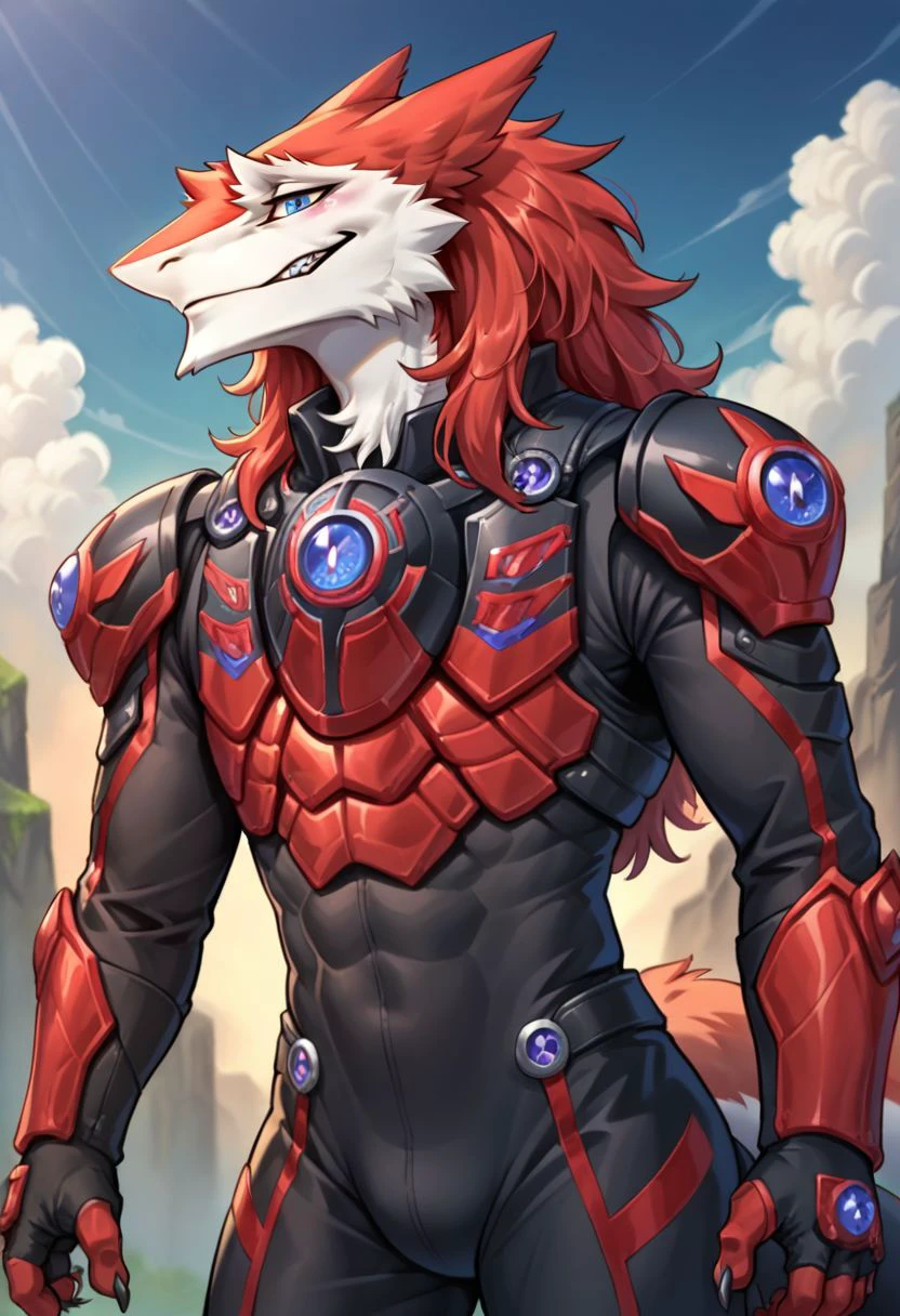 score_9, score_8, score_7, (source_furry, anthro, sergal), 
gmrider, black bodysuit, red armor, black armor