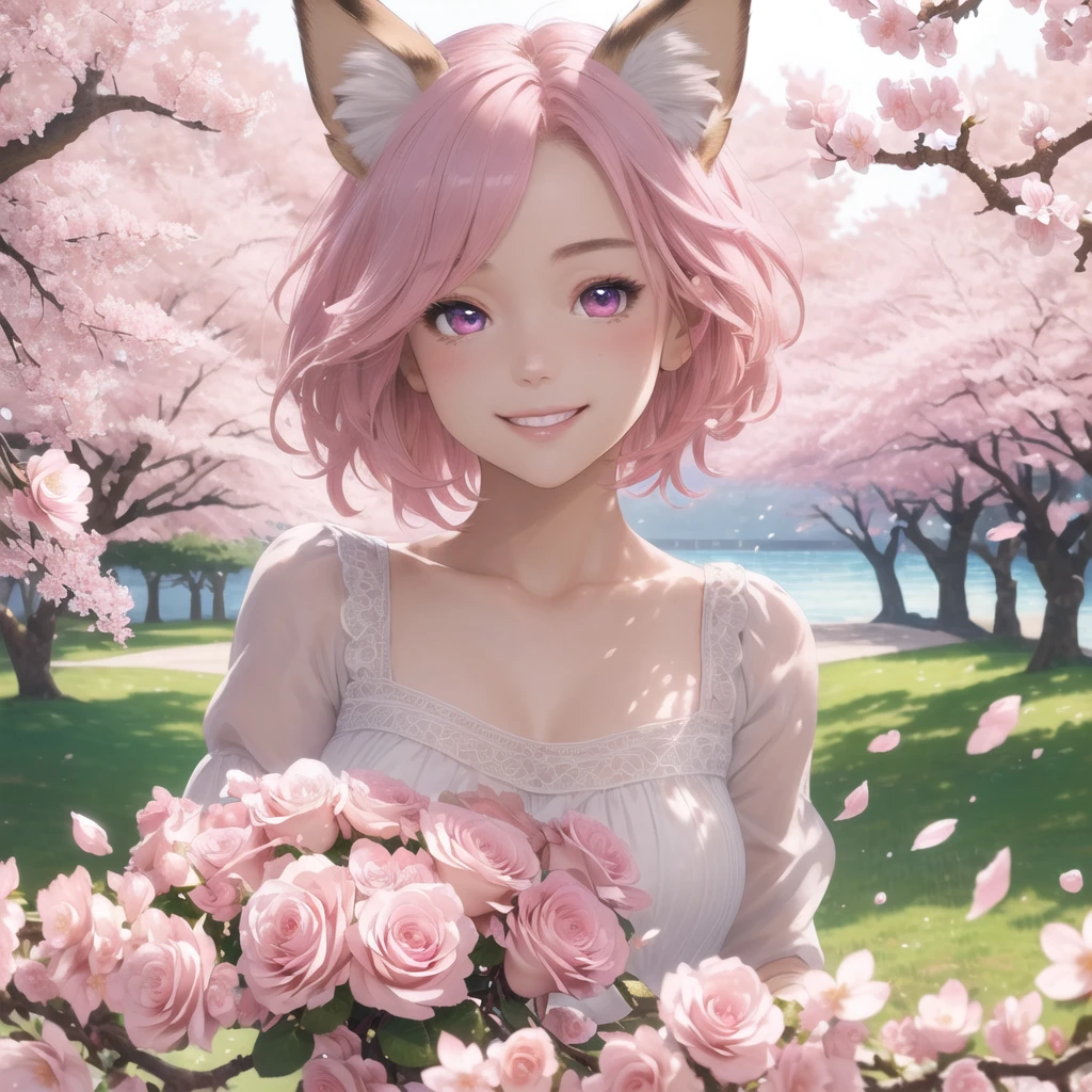 masterpiece, best quality, ultra-detailed, 1girl, detailed water, short hair, pink hair, light pink eyes, , ((close-up)), roses, everywhere roses, gorgeous, cherry blossoms, cherry, cherry blossoms tree, smile, view from front, fox ears