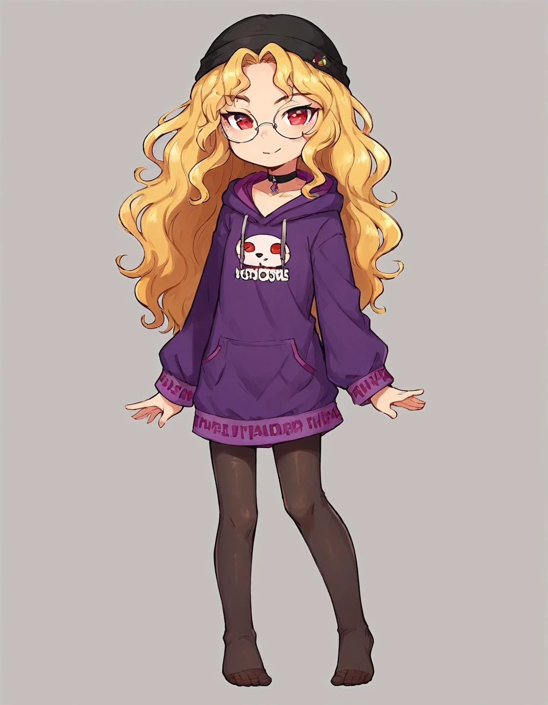 score_9_up, score_8_up, score_7_up, source_anime, masterpiece, perfectly detailed, detailed face, detailed eyes, beautiful eyes BREAK
wtchprns, wtchof, golden hair, red eyes BREAK
see through leggings, transparent leggings, oversized hoodie, beanie, leggings, round glasses, choker, bangle, standing, feet