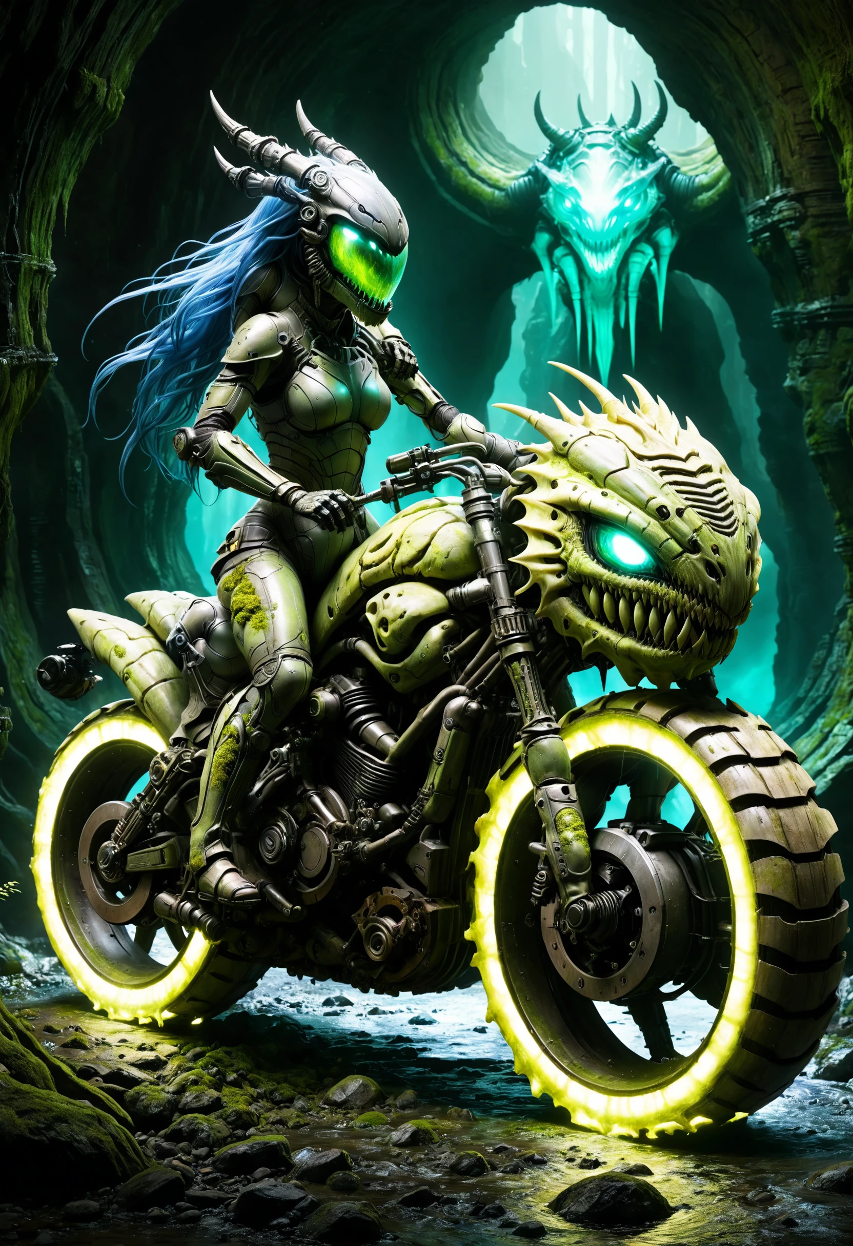 mind bending,  concept art of  translucent moss elemental inspired by chrysalis fiber optics, thorny glow-armor, queen of the underground riding menacingly on a mechanical xenomorph-motorcycle with large wheels in a dark cavern, inner glow,  one with the environment, extreme split rider, windy
<lora:dvr-swr:0.8> dvr-swr